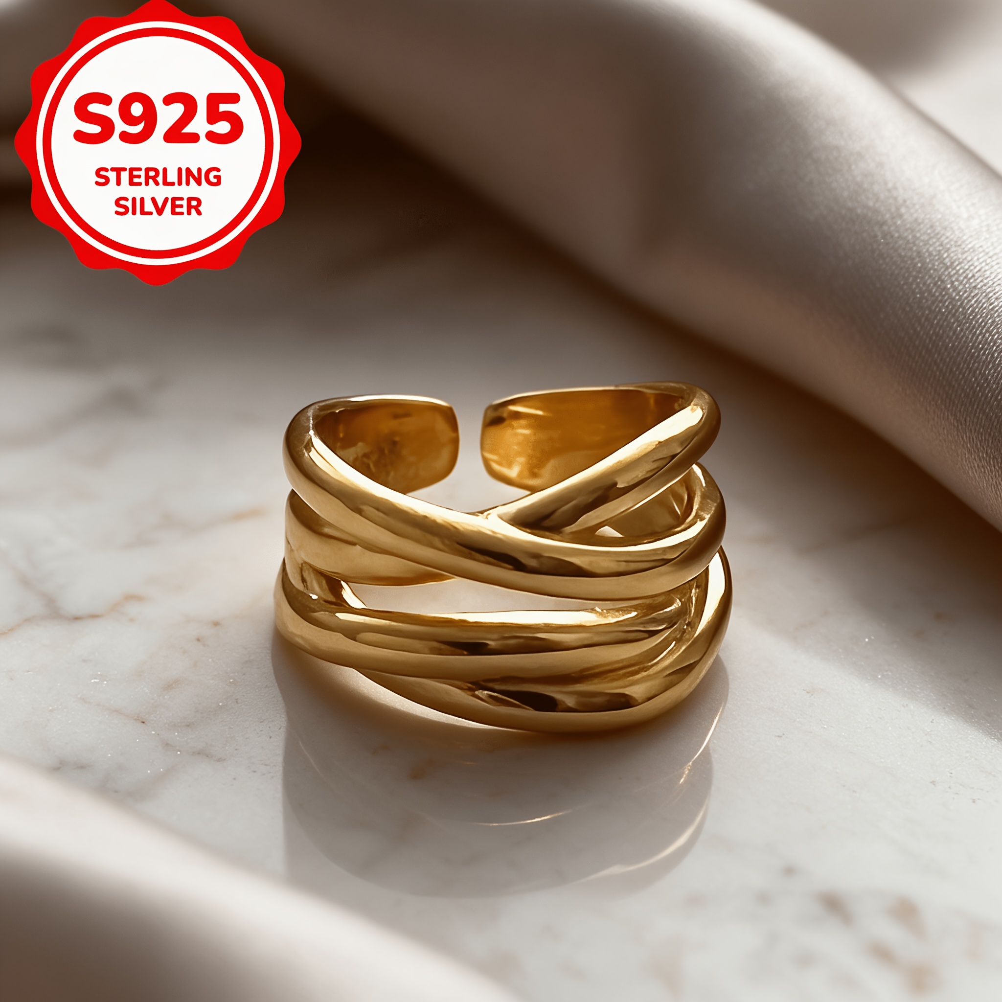 925 Silver Crossed Openwork Adjustable Ring, Gift for Couples